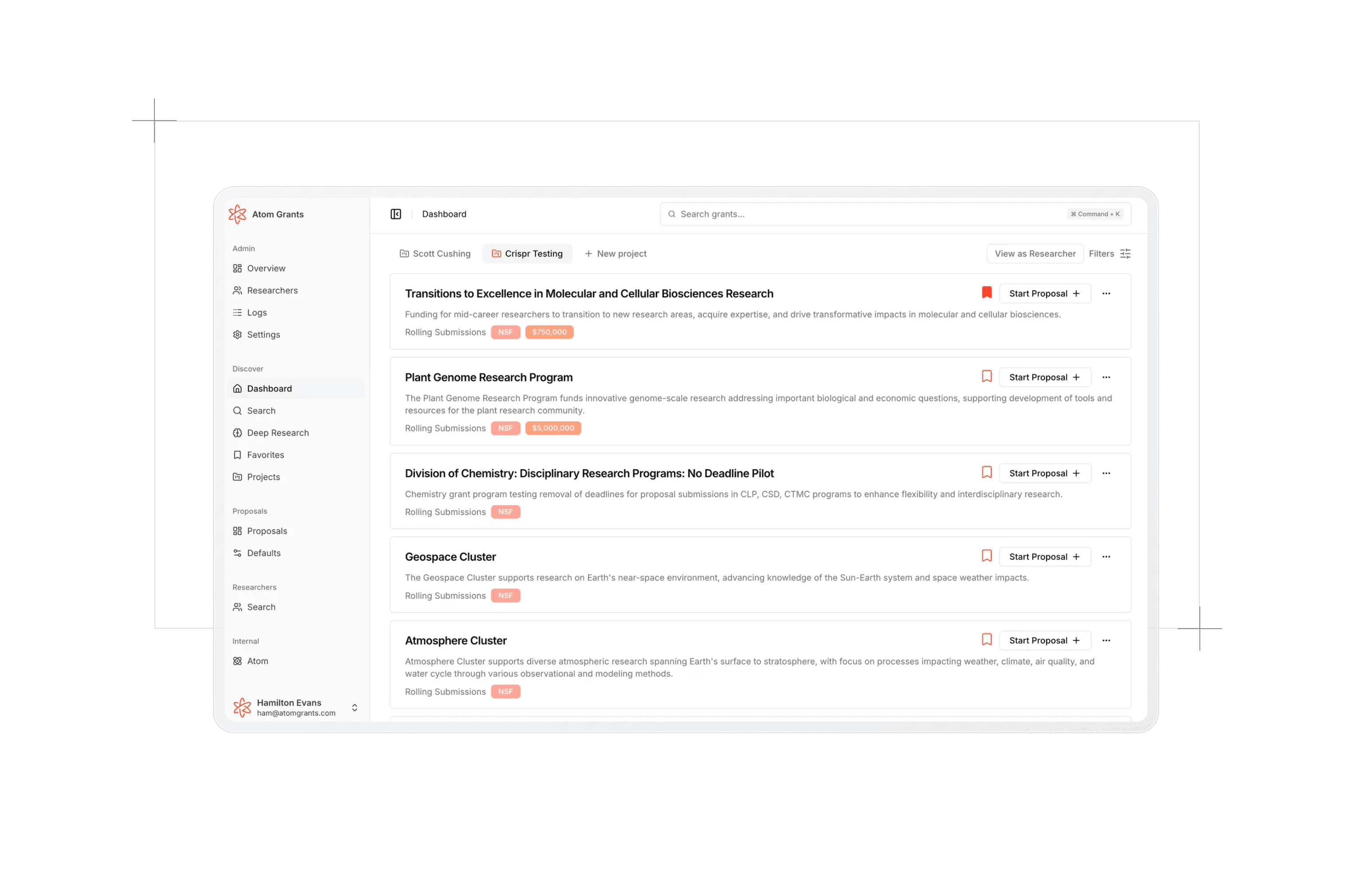 The project switcher above the dashboard grant feed