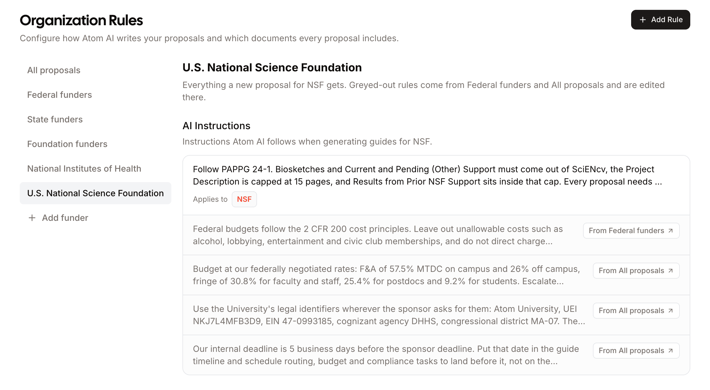 The NSF page showing its own instruction above greyed-out instructions inherited from Federal funders and All proposals