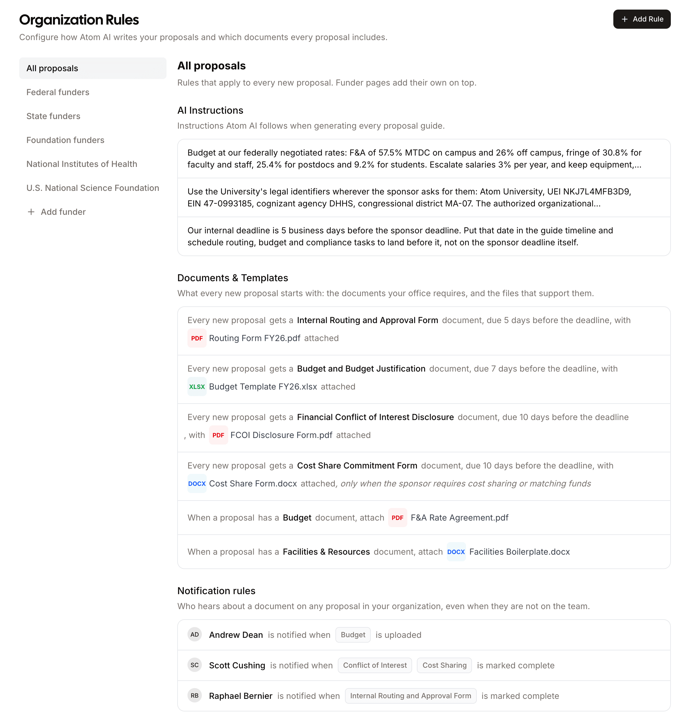 The Organization Rules page showing AI instructions, required documents, and notification rules