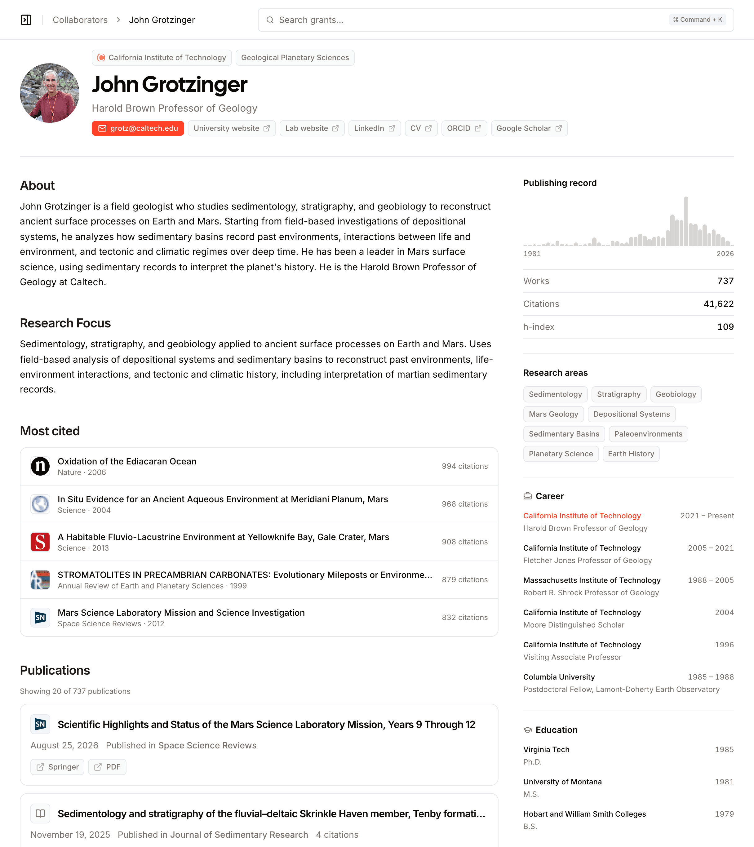 A researcher's full profile page with a facts rail showing publishing metrics and career history