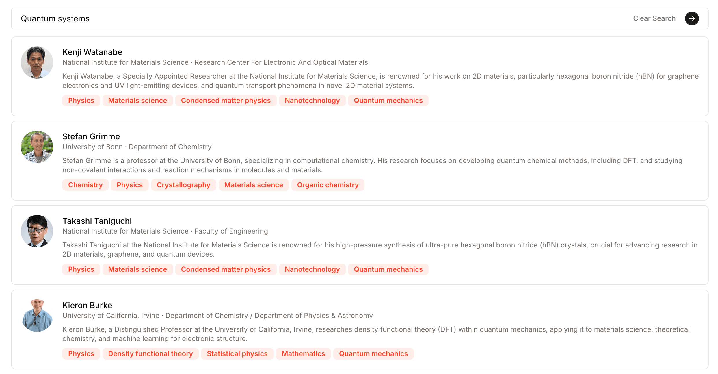 The Atom collaborators directory with ranked researcher matches
