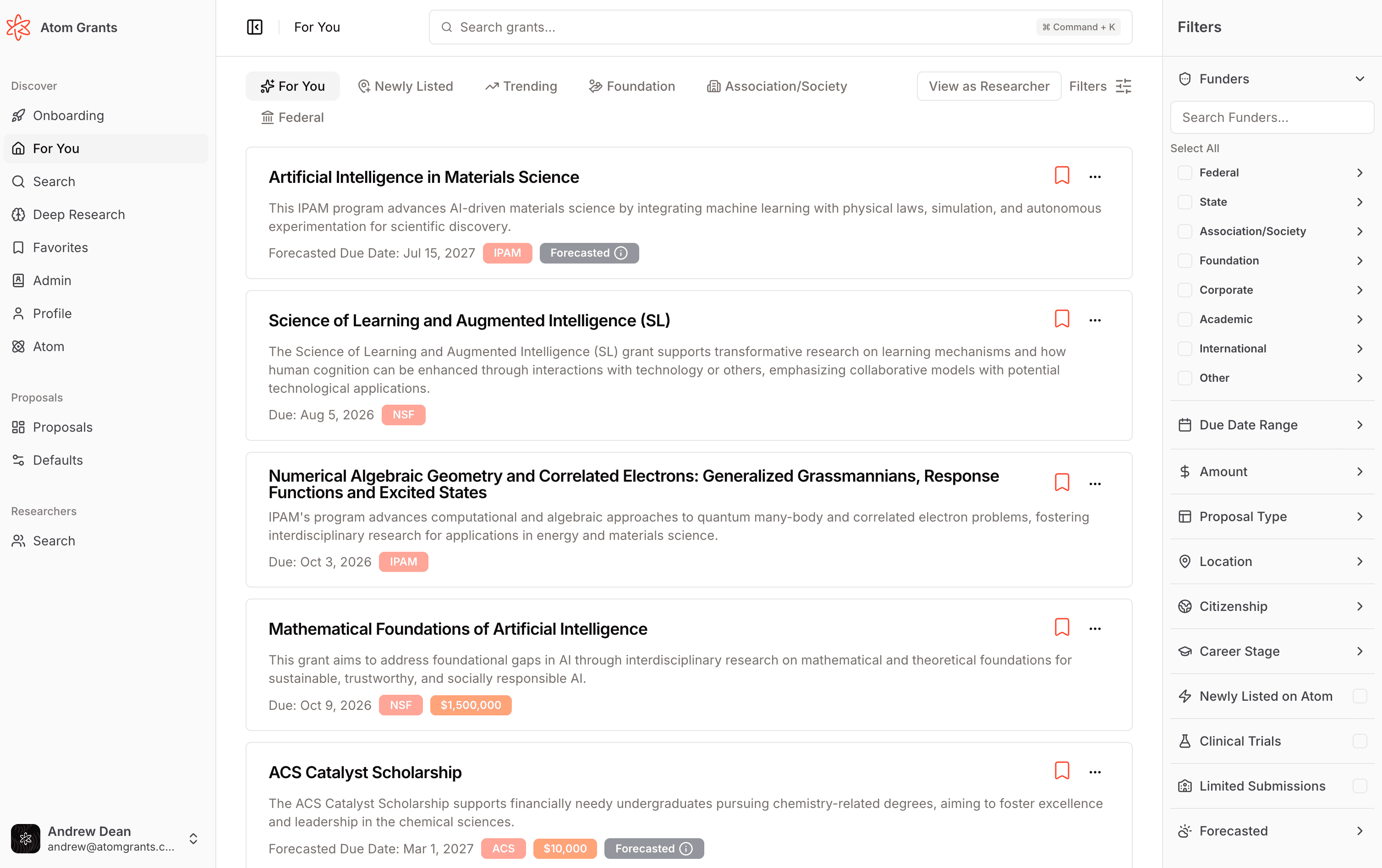 The For You dashboard with a ranked feed of grants and filters