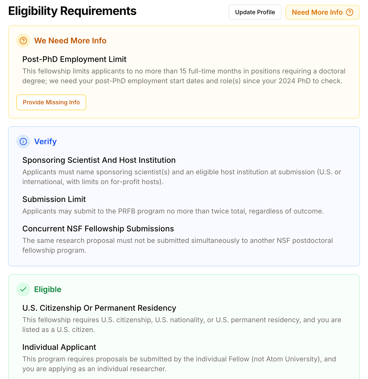 An eligibility assessment on a grant page