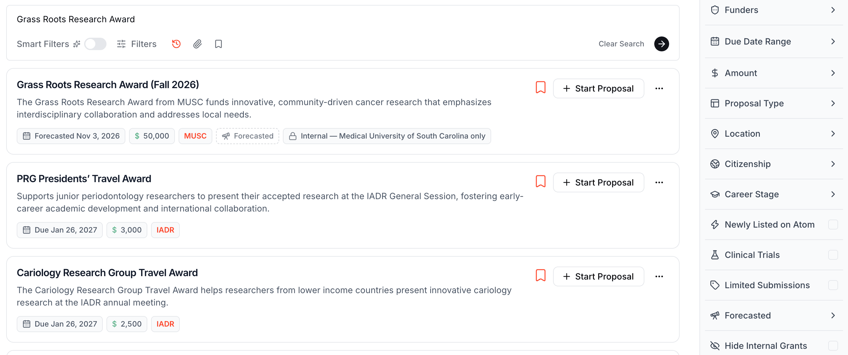 A search result labeled Internal, with the Hide Internal Grants toggle in the filters panel