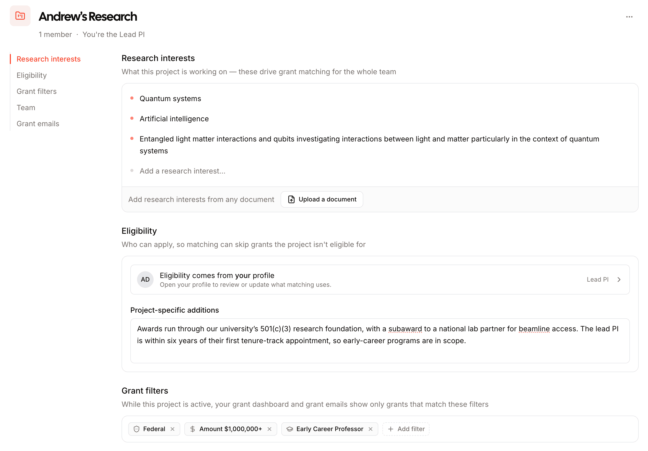 The new project form with its name, team, eligibility, research interests, and grant filter sections