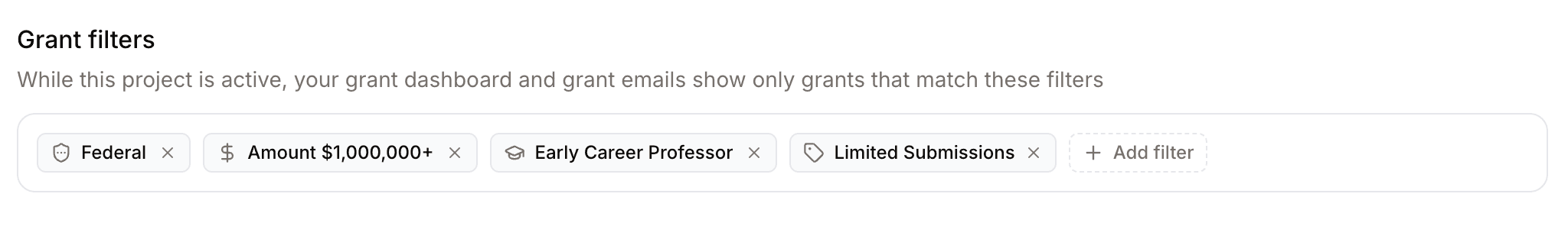 The project filter bar with funder, amount, and career stage chips