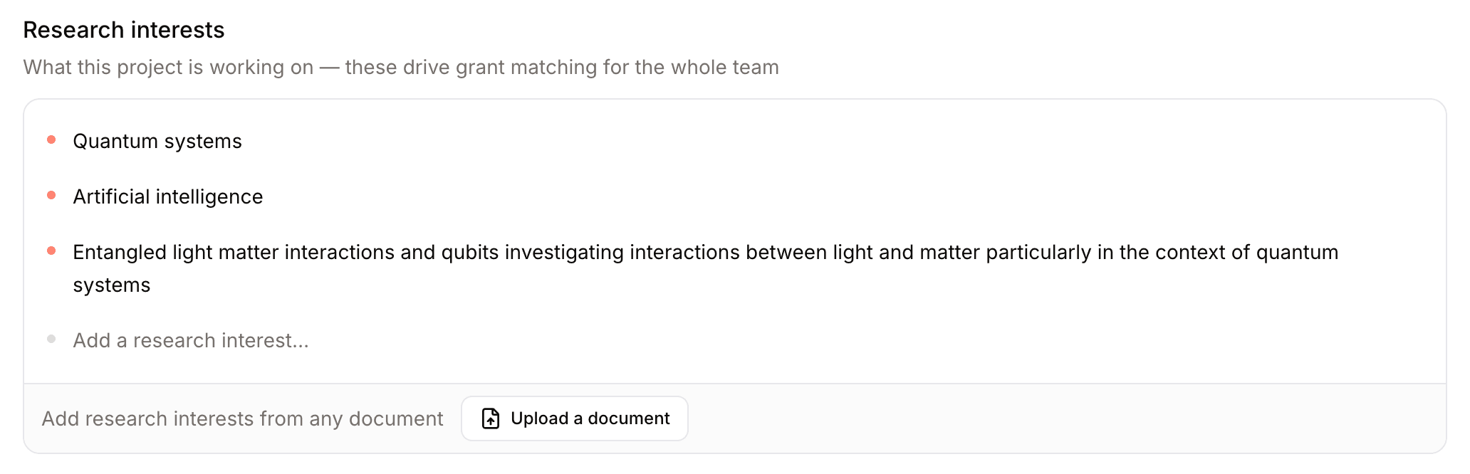 The research interests section on a project page