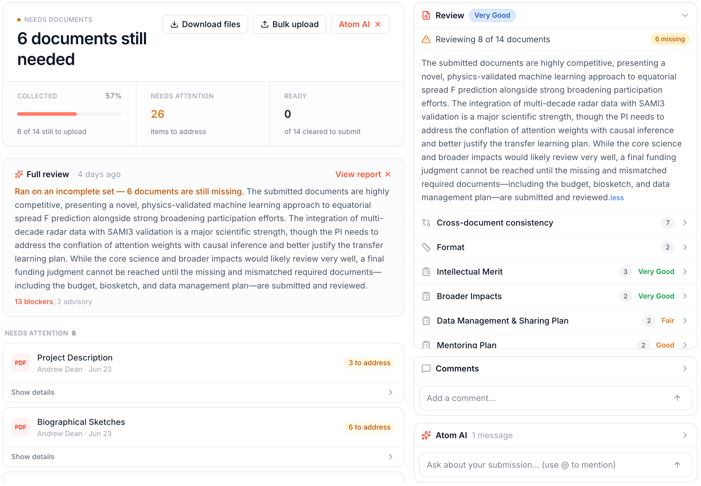 A full proposal review with an overall score and section feedback