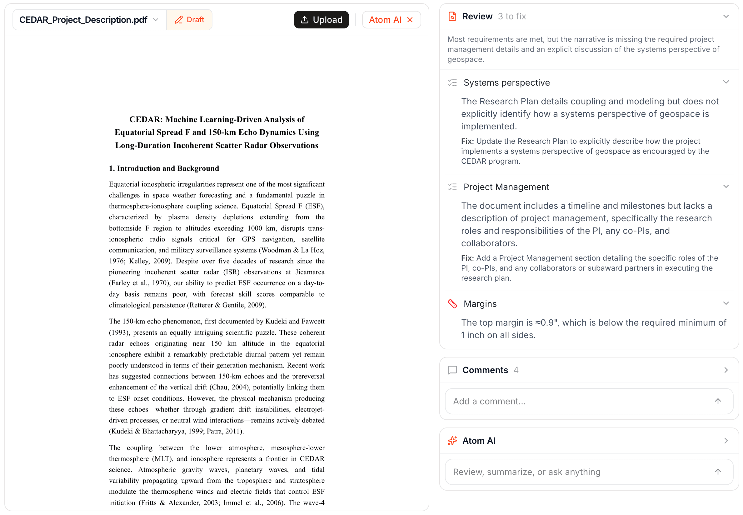 An AI review of a proposal document with targeted feedback