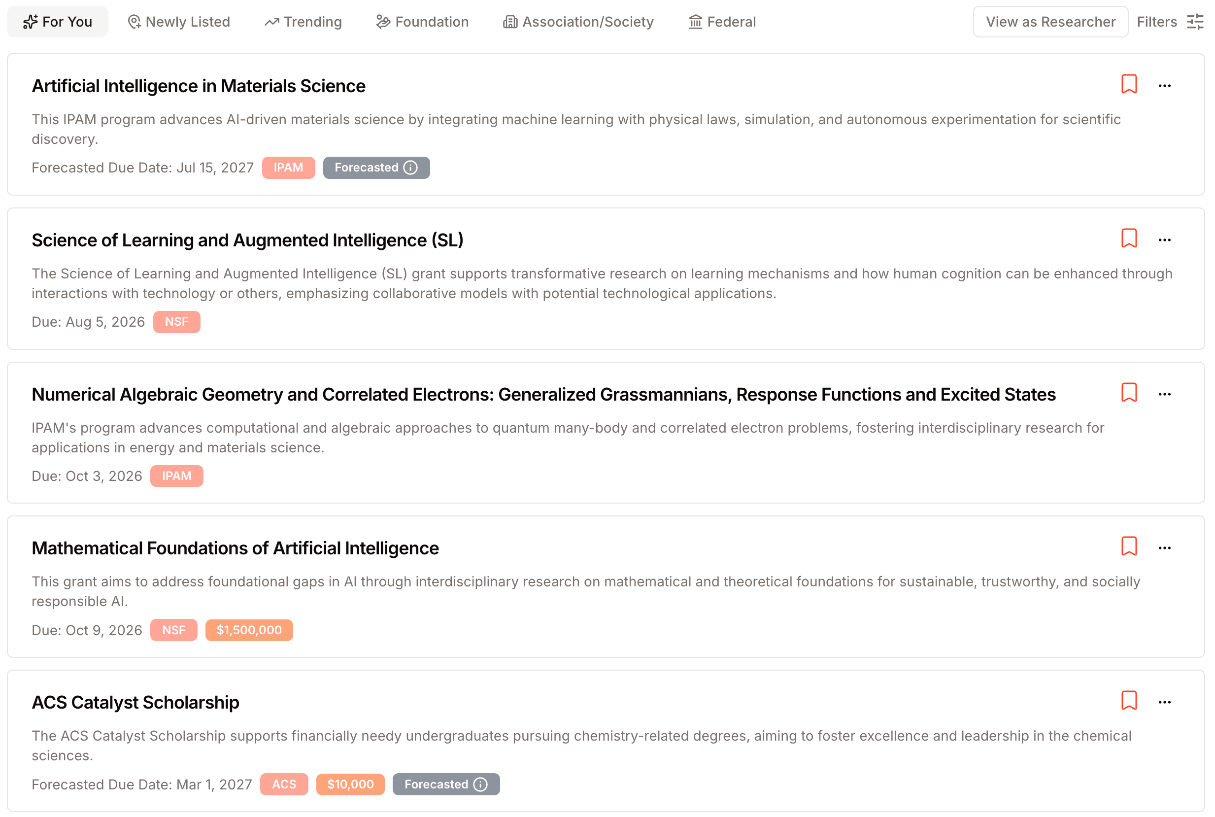 The For You dashboard showing matched grants