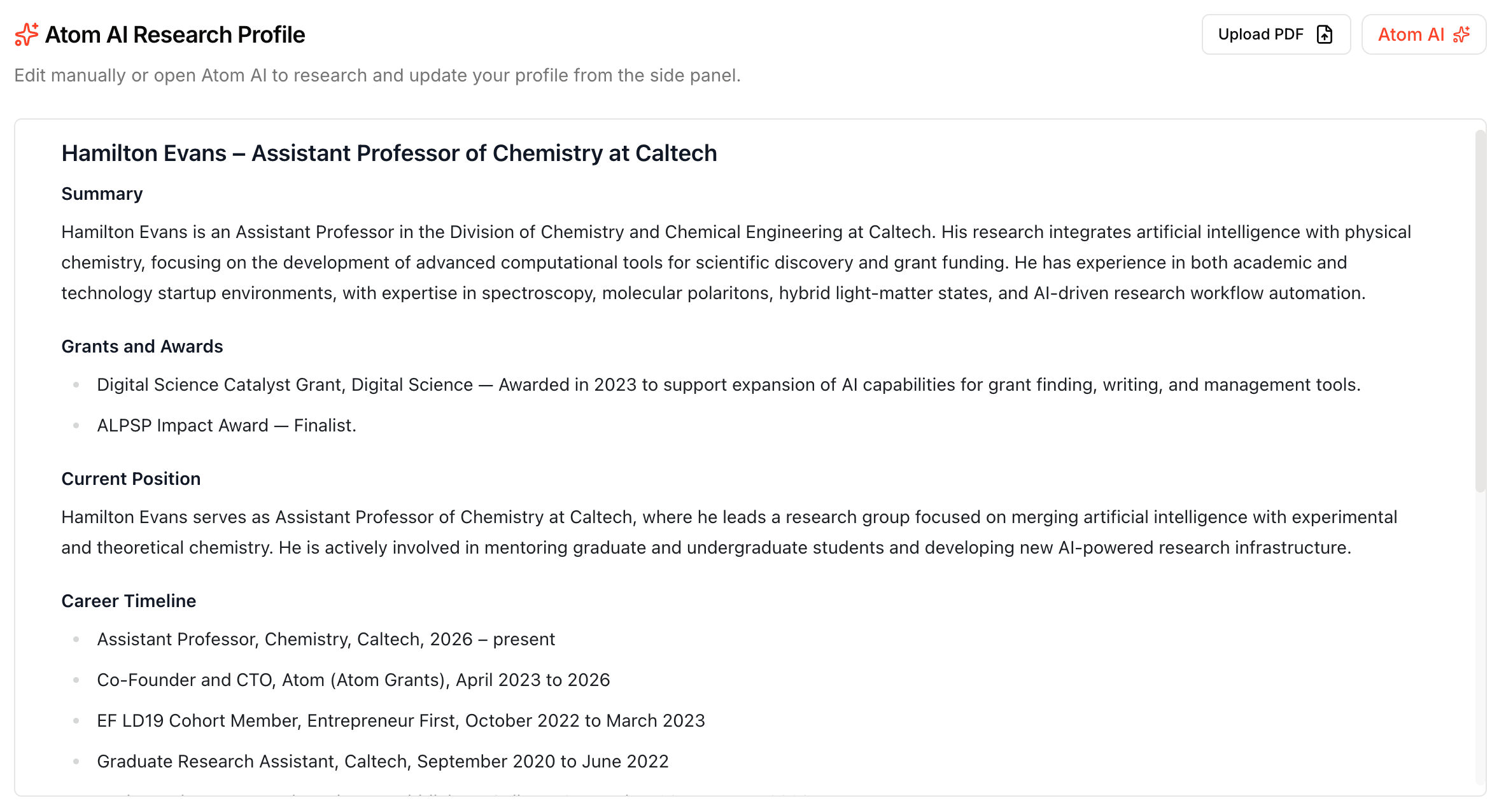 The research profile editor with a generated profile