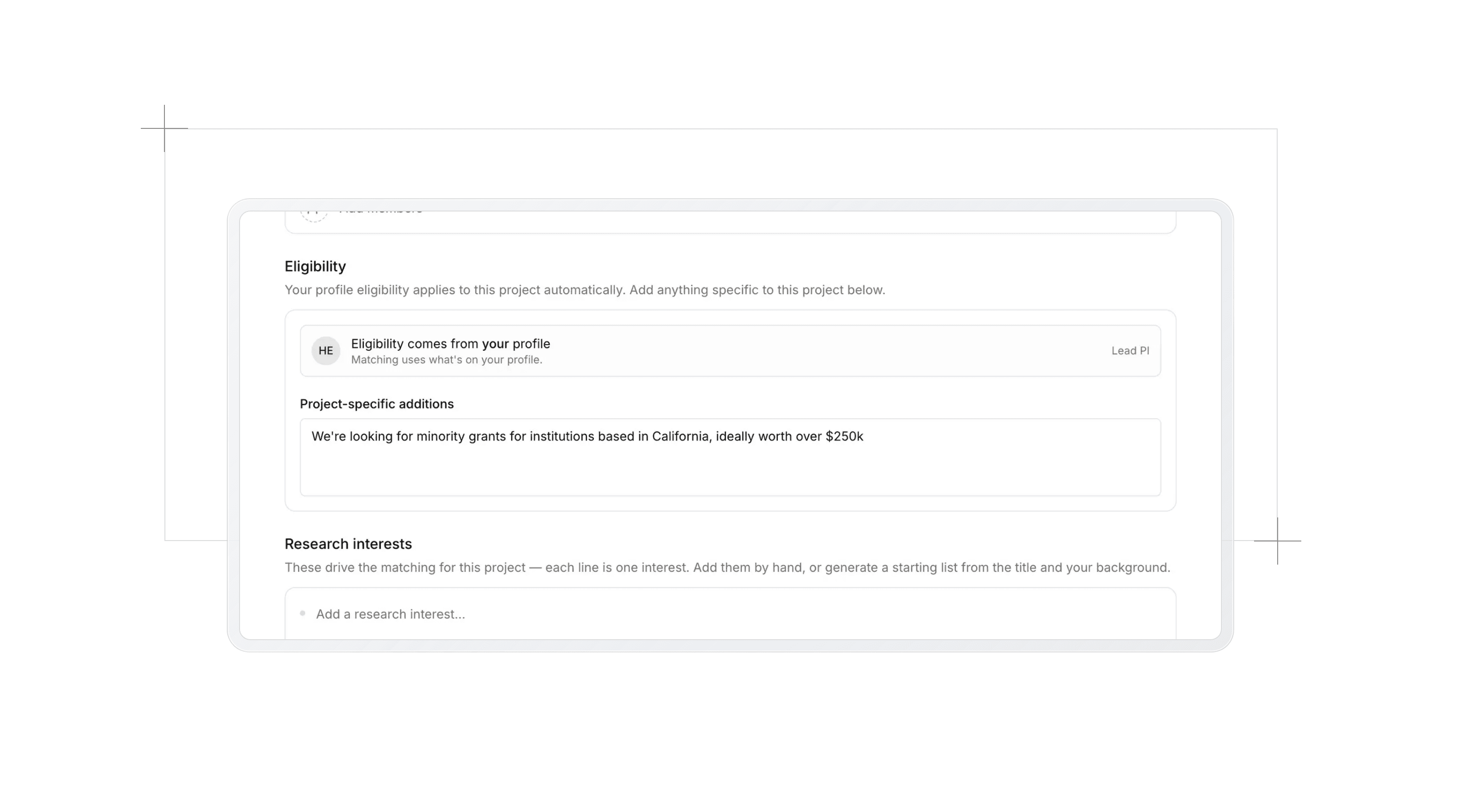 A project's eligibility section showing the lead PI attribution and project-specific additions