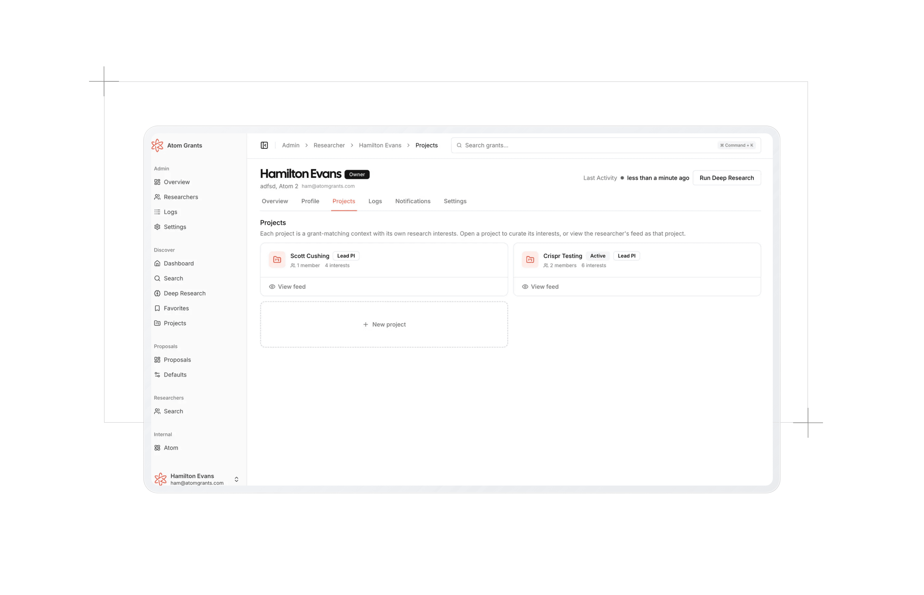The Projects tab on a researcher's admin page