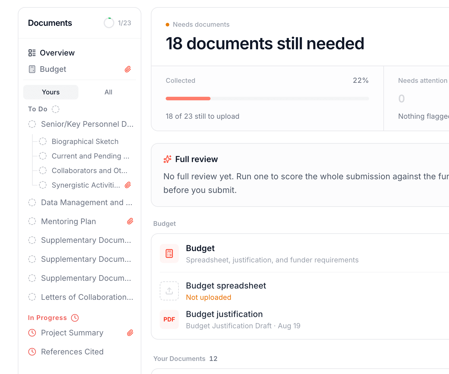 The Your Documents section pinned above the status groups in the document hub