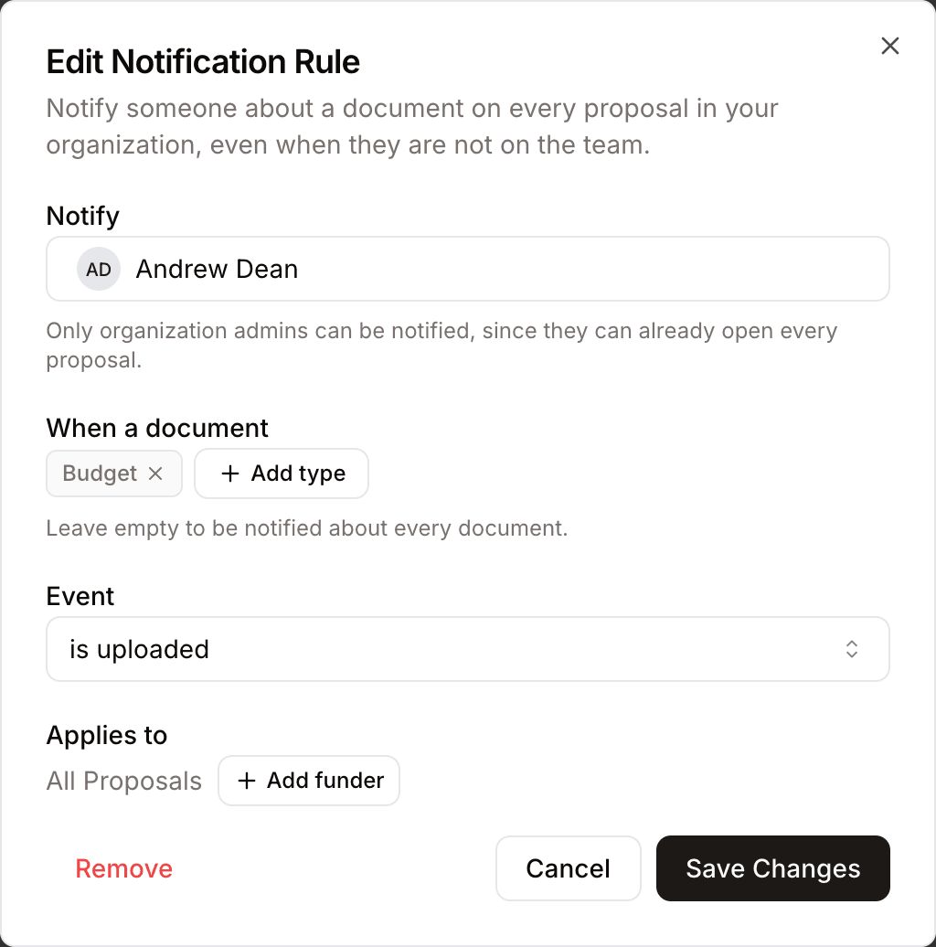 The notification rule editor with fields for who to notify, which document types, the event, and the funders it applies to