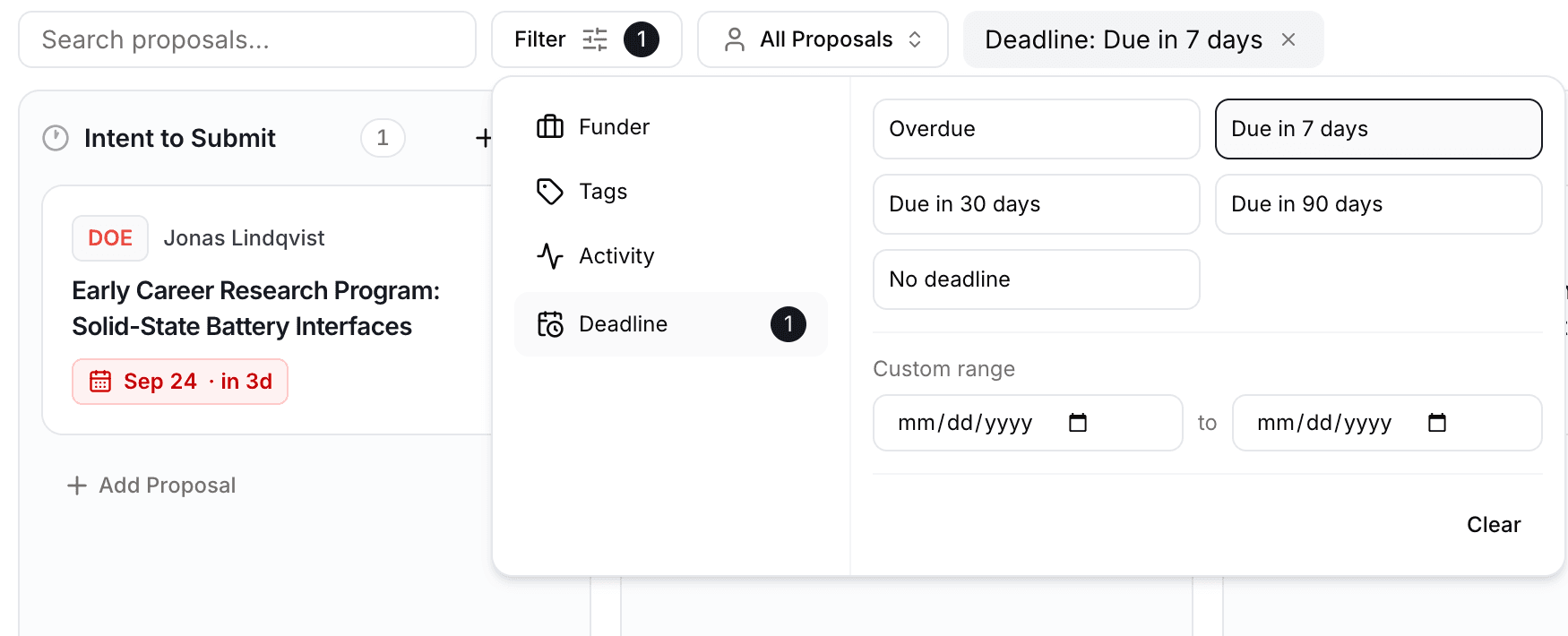 The proposals board filter menu with the Deadline presets and custom range